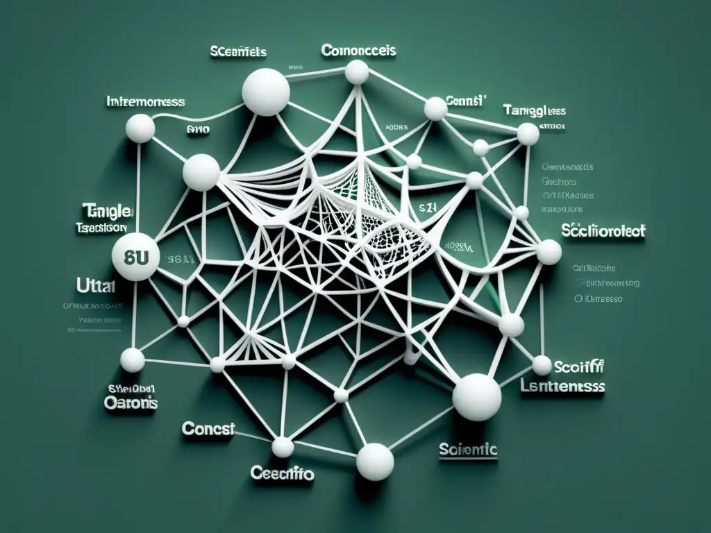 Una representación en 8k de la evolución del lenguaje científico a través de una red intrincada de conceptos, en una paleta monocromática