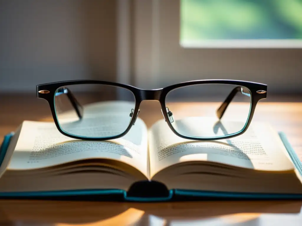 Lentes de lectura para escritores: Detalles elegantes de unos anteojos sobre un libro abierto, iluminados por luz natural