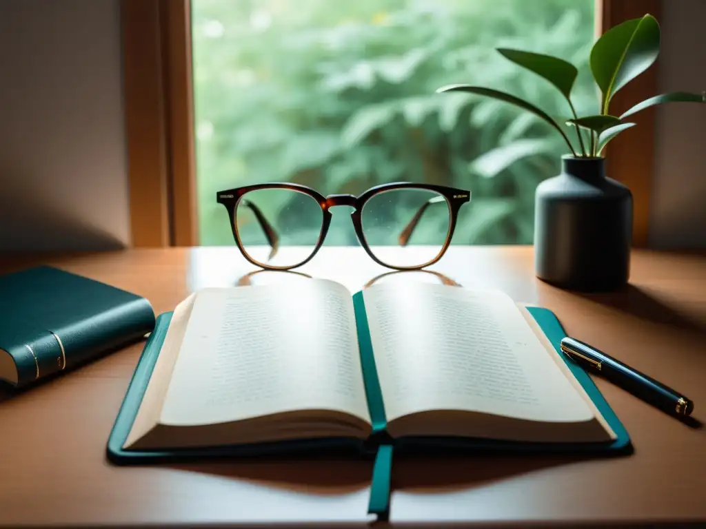 Lentes de lectura para escritores sobre un escritorio minimalista bañado en luz natural, creando un ambiente sereno y enfocado