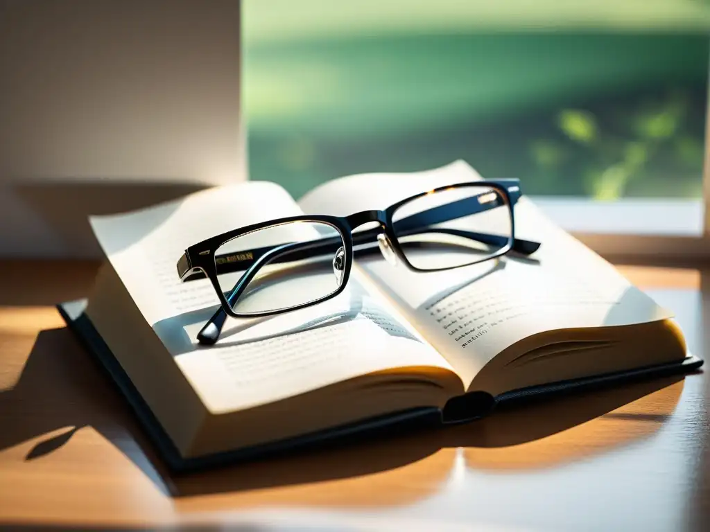 Lentes de lectura para escritores: Un par de elegantes lentes negros descansan sobre un libro abierto, iluminados por luz natural