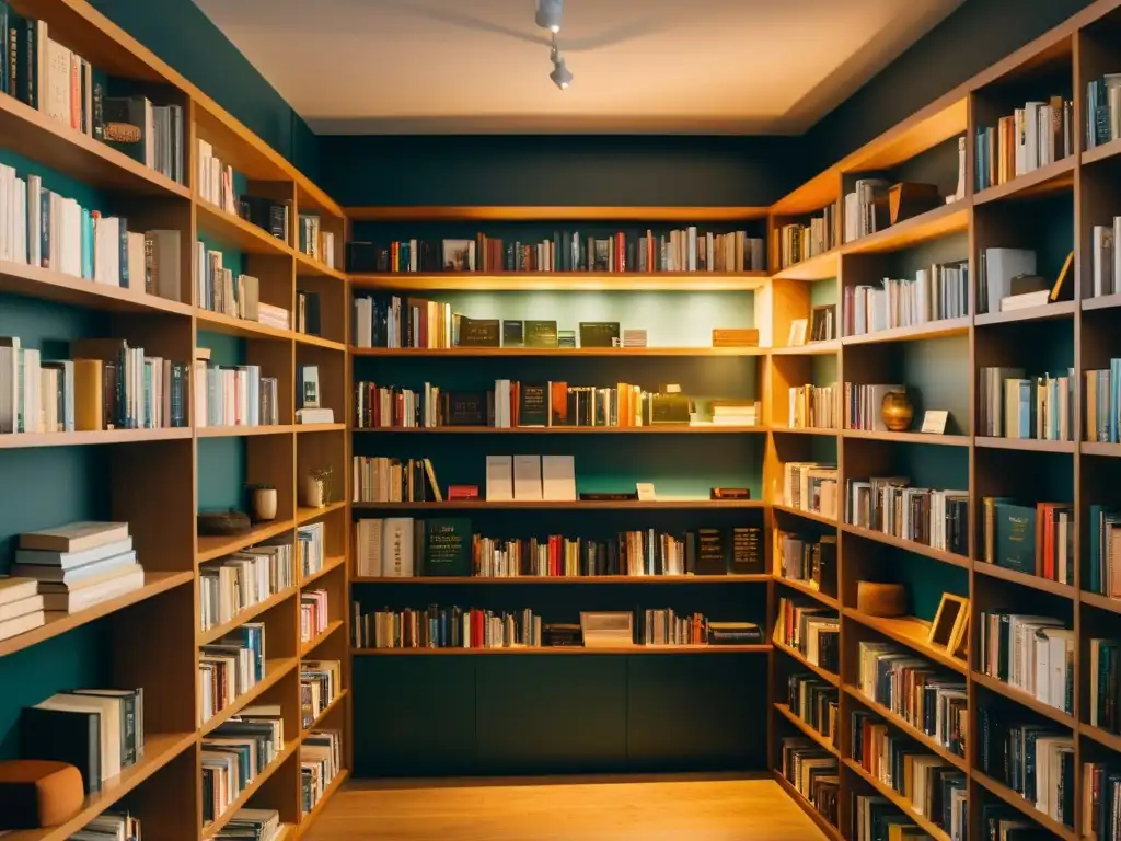 Una librería acogedora iluminada con suave luz, repleta de libros de diversos colores y géneros