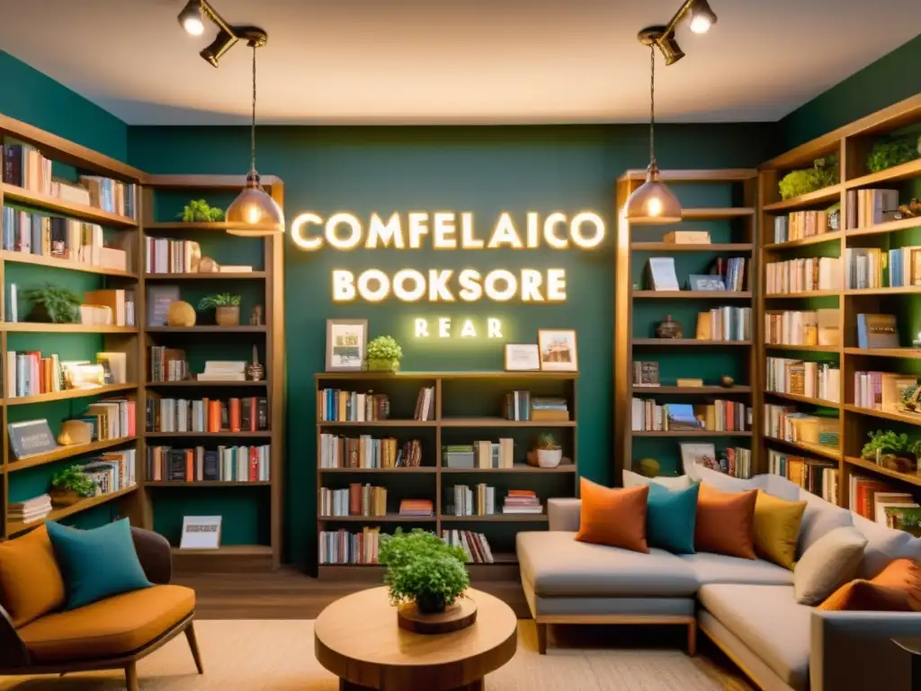 Librería acogedora con iluminación cálida, estanterías ordenadas y variedad de bestsellers