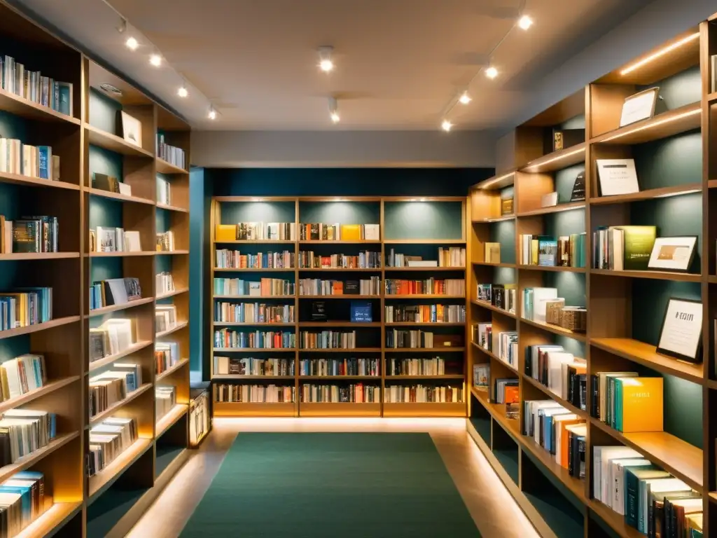 Una librería moderna y acogedora, con libros organizados y opciones de autopublicación KDP y Smashwords