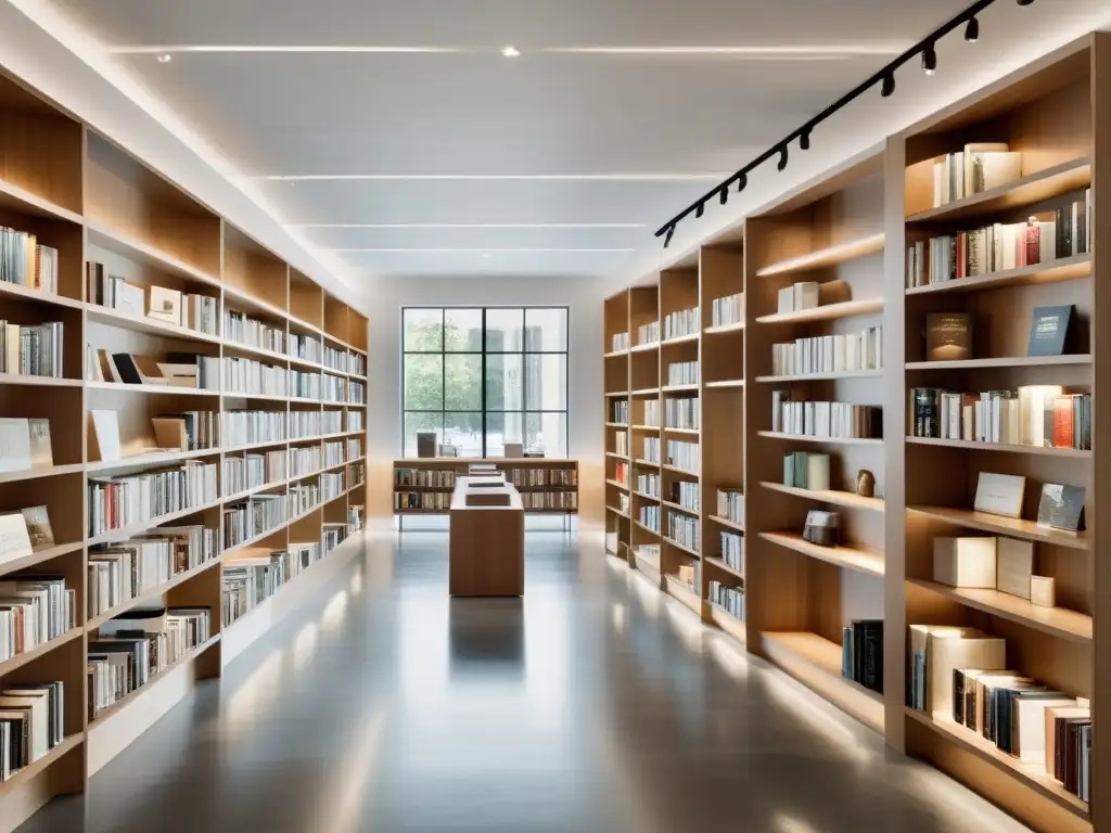 Una librería moderna, elegante y minimalista con estanterías de piso a techo organizadas con obras literarias contemporáneas