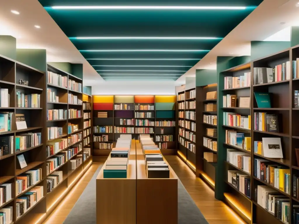 Una librería moderna con estanterías llenas de libros coloridos y ambiente acogedor