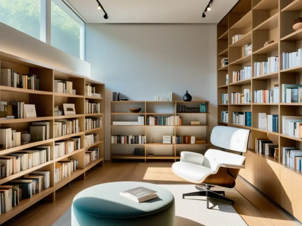 Librería moderna con organizando lecturas y firmas de libros, estantes blancos minimalistas y acogedor rincón de lectura con café caliente