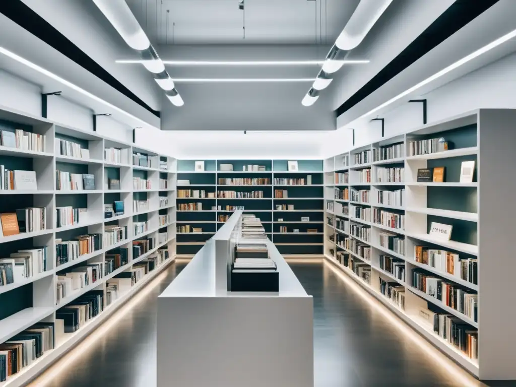 Una librería moderna y minimalista con estanterías blancas, iluminación suave y obras literarias contemporáneas