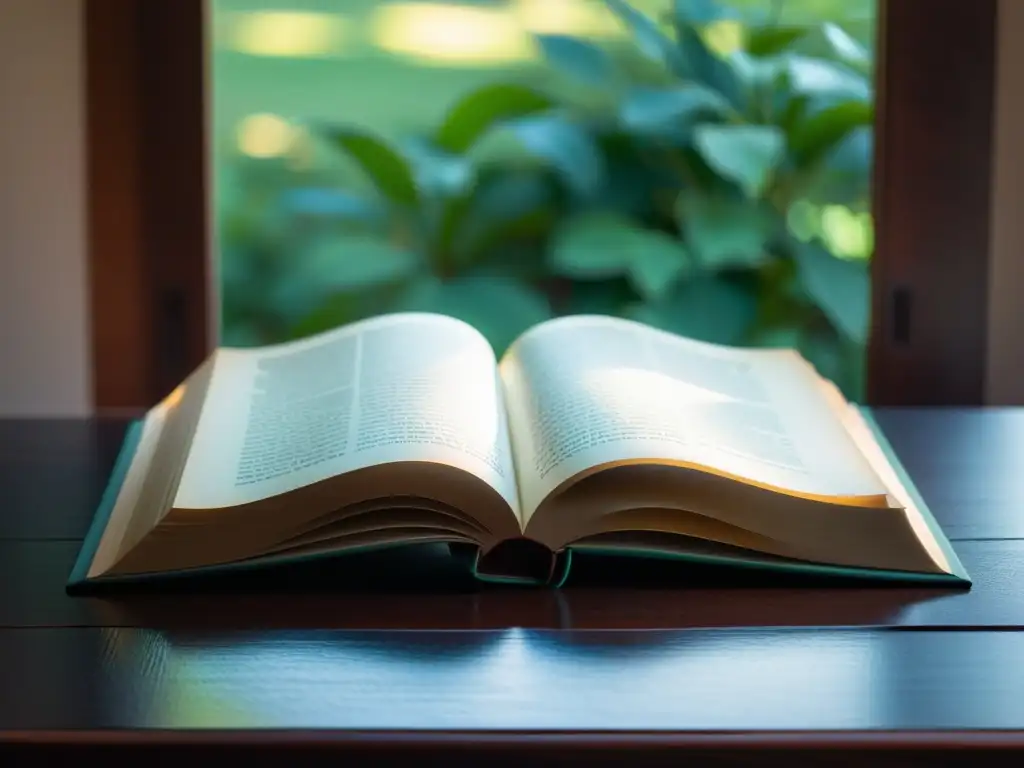 Un libro abierto sobre madera oscura, iluminado por luz natural