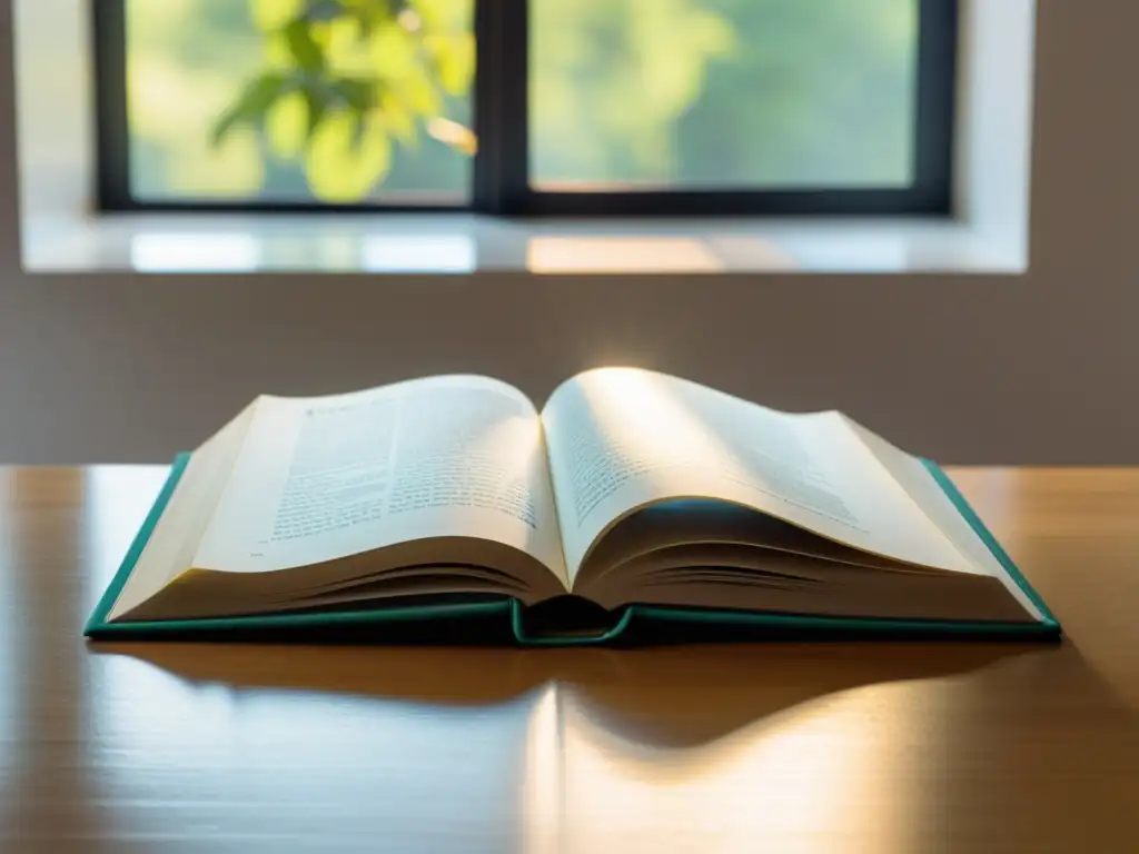 Un libro abierto en una mesa de madera, iluminado por luz natural, promoviendo el entendimiento intercultural a través de la literatura