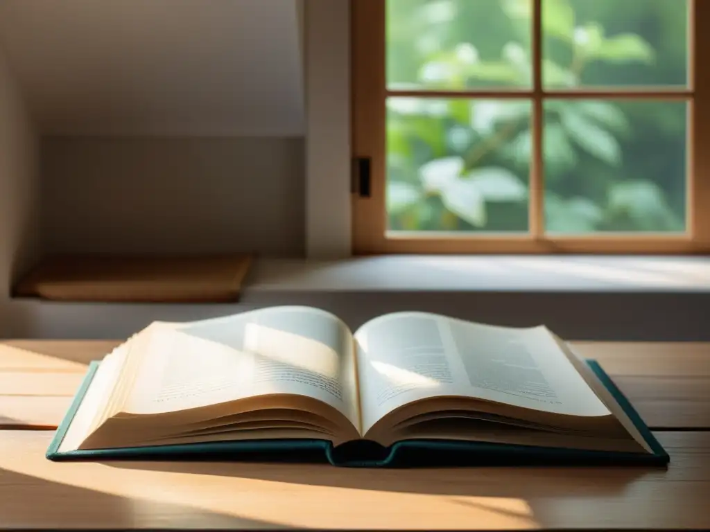 Un libro abierto descansa sobre una mesa de madera, iluminado por luz natural