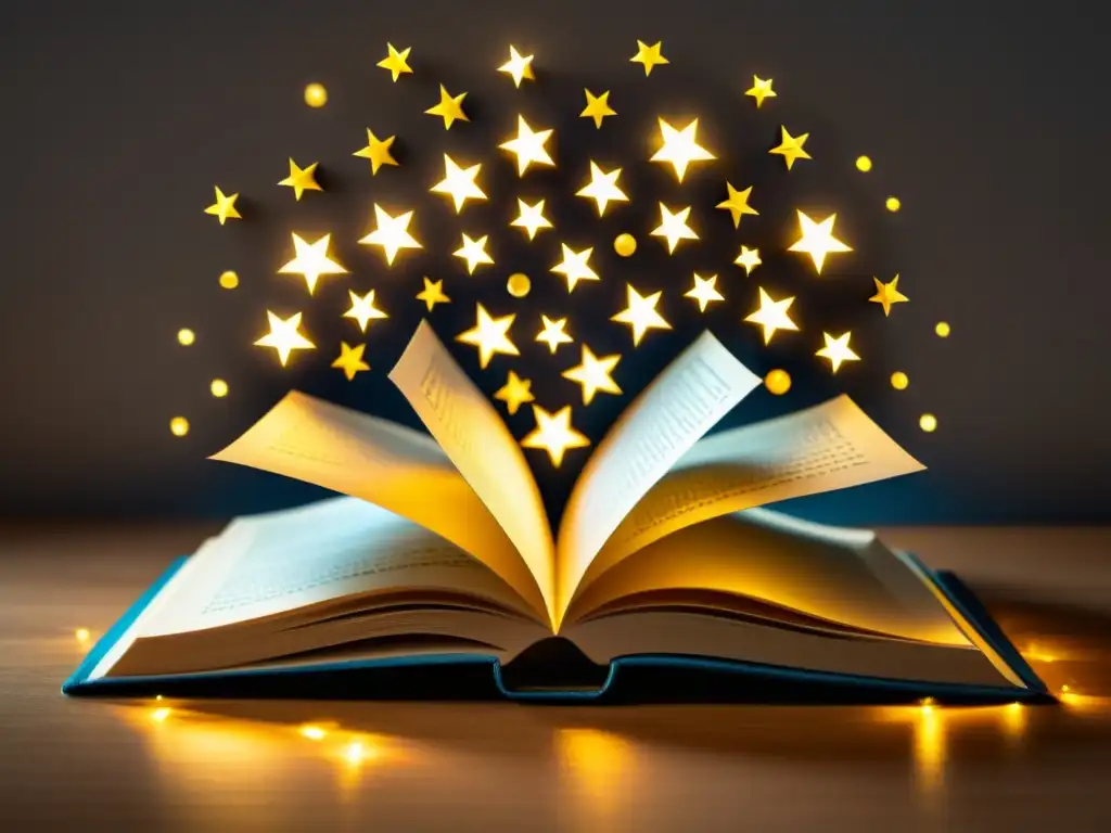 Un libro abierto rodeado de estrellas doradas, simbolizando el impacto positivo de las estrategias éticas para reseñas literarias