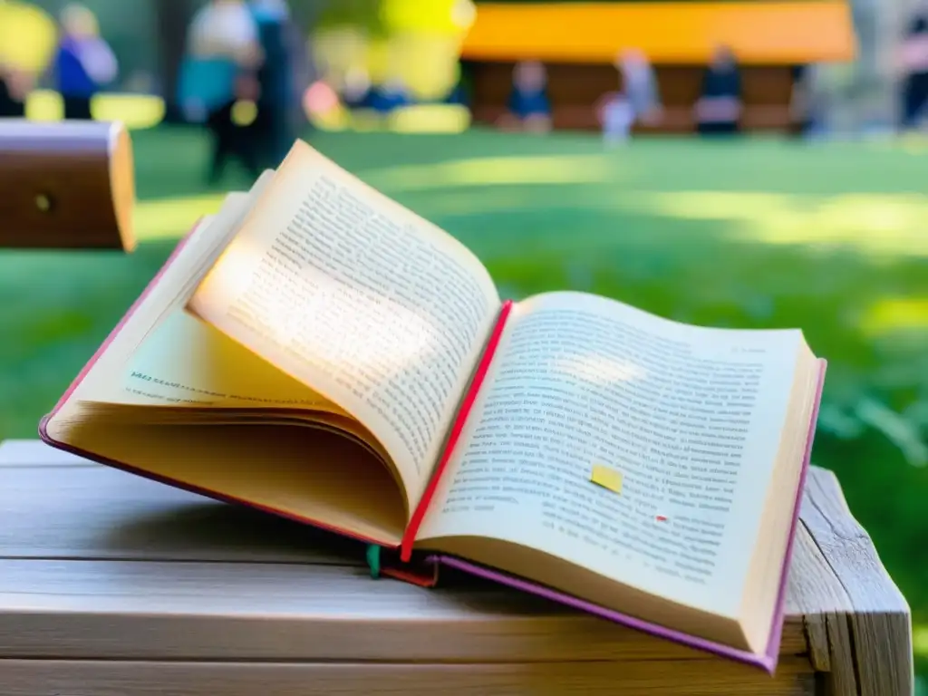 Un libro amado reposa en un banco de parque soleado, rodeado de personas diversas y animadas