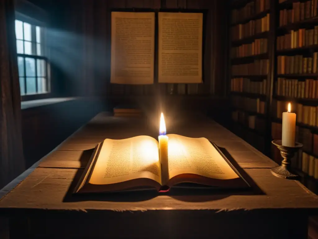 Un libro antiguo abierto sobre una mesa en una habitación tenue iluminada por una vela