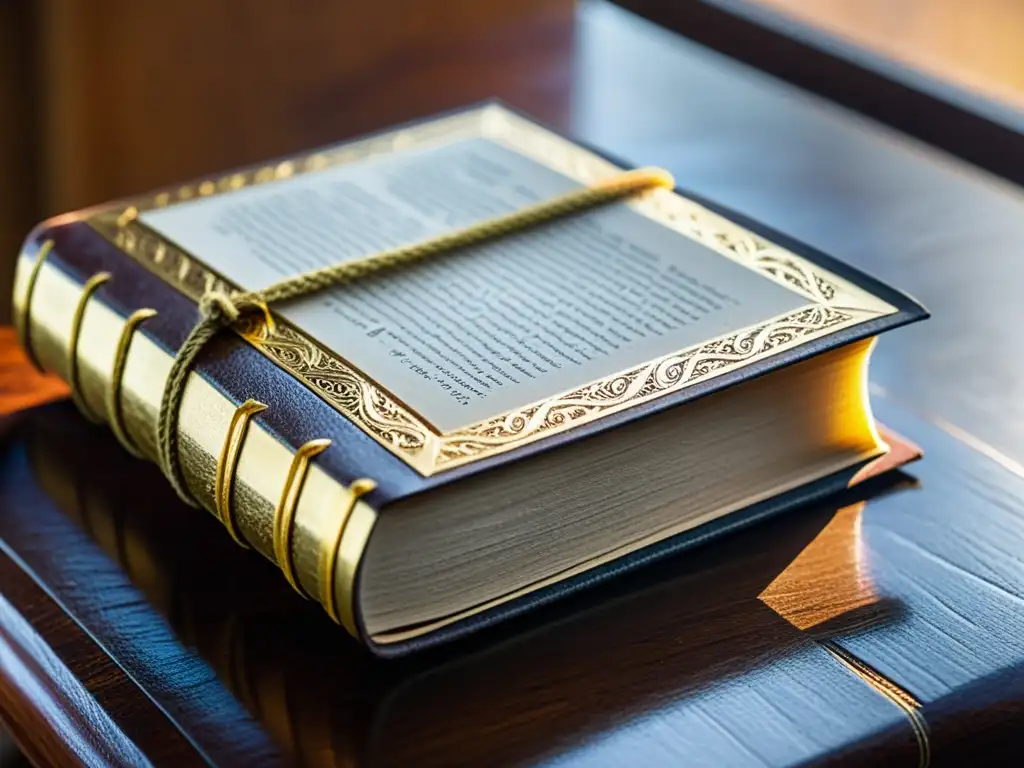 Un libro antiguo de cuero en una mesa de madera, iluminado por la luz natural