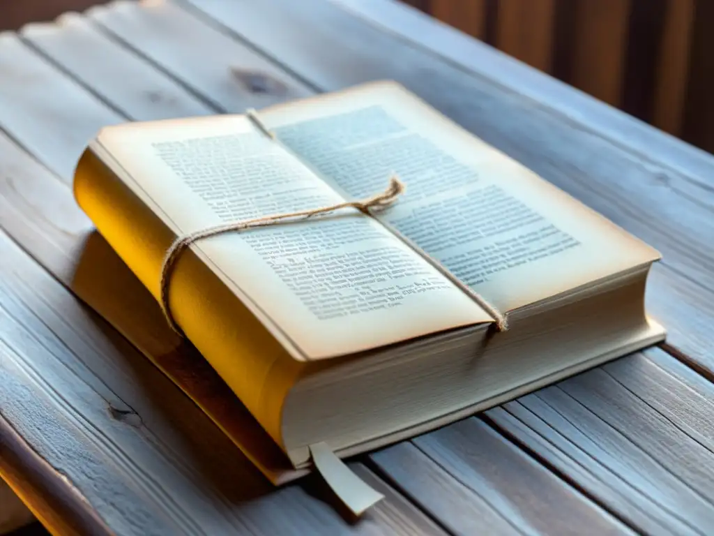 Un libro antiguo y desgastado yace abierto en una mesa de madera, iluminado por una cálida luz