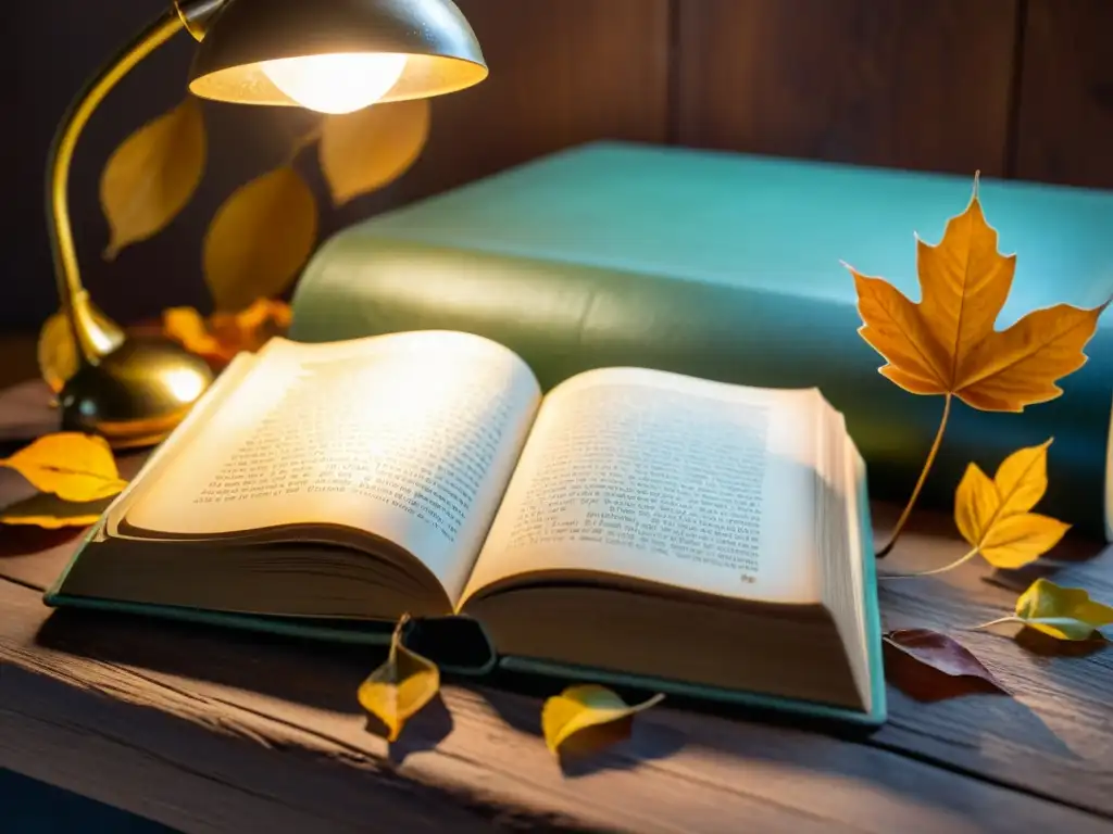 Un libro antiguo reposa en una mesa de madera, iluminado por una lámpara, rodeado de hojas otoñales