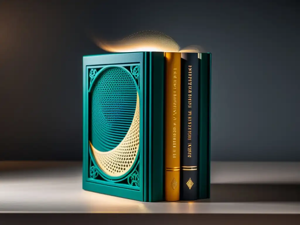 Un libro clásico abierto sobre un altavoz moderno, fusionando la literatura tradicional con tecnología de audiolibros