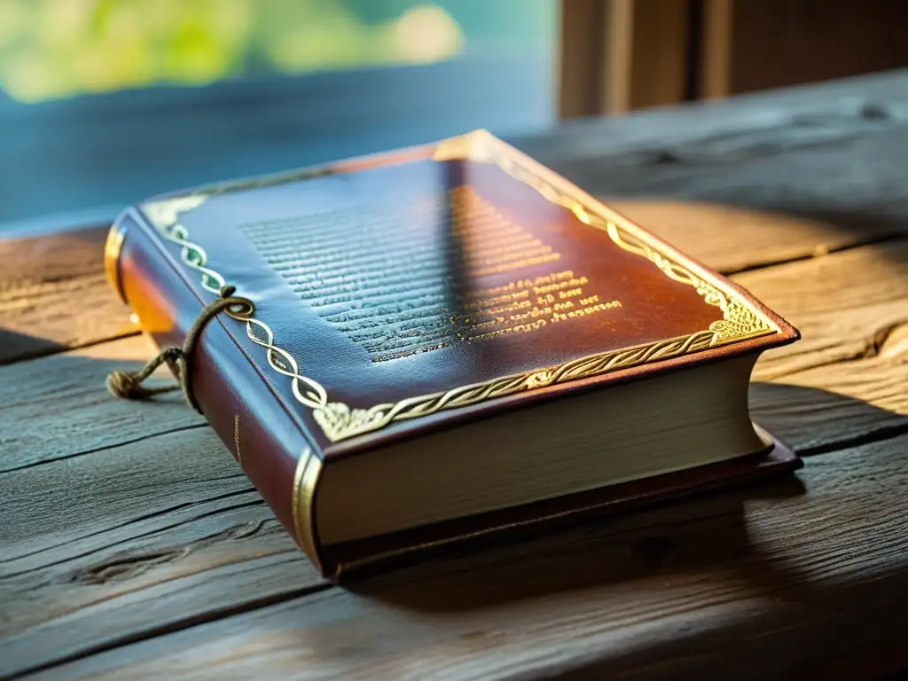 Un libro de cuero desgastado con detalles dorados, sobre una mesa de madera