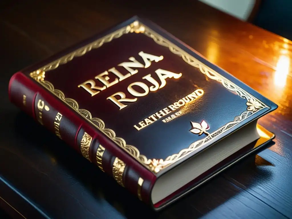 Un libro de cuero desgastado con el título 'Reina Roja' en letras doradas sobre una mesa de madera oscura