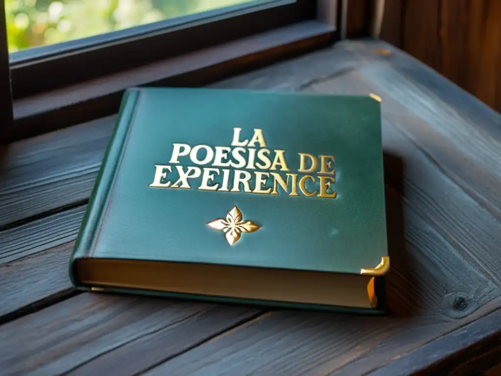 Un libro de cuero desgastado con el título 'La poesía de la experiencia' en letras doradas, reposa en una mesa de madera en suave luz natural