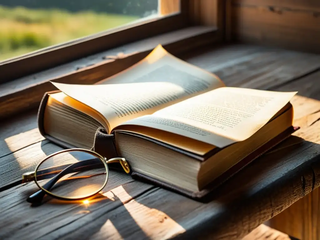 Un libro desgastado y una página destacada, con gafas antiguas sobre la mesa de madera y luz dorada