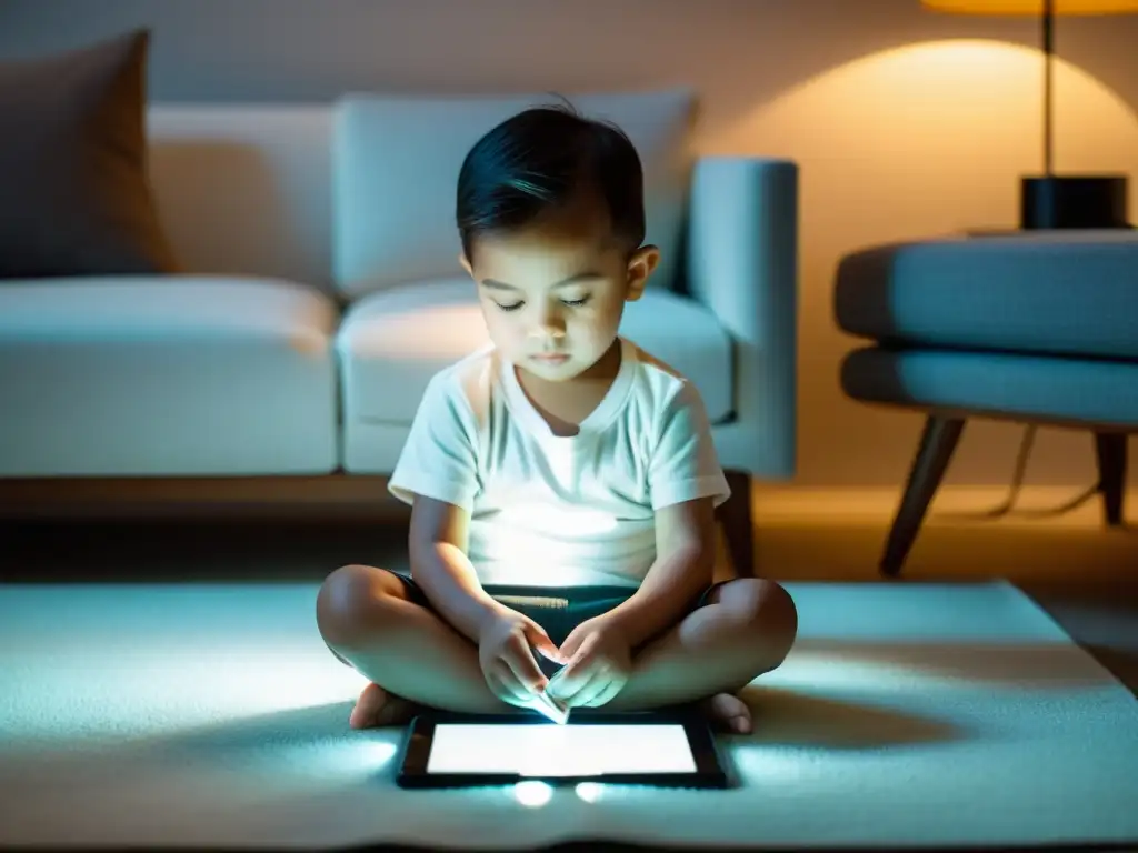 Niño leyendo un libro digital con asombro en un hogar moderno, fomentando la lectura digital infantil