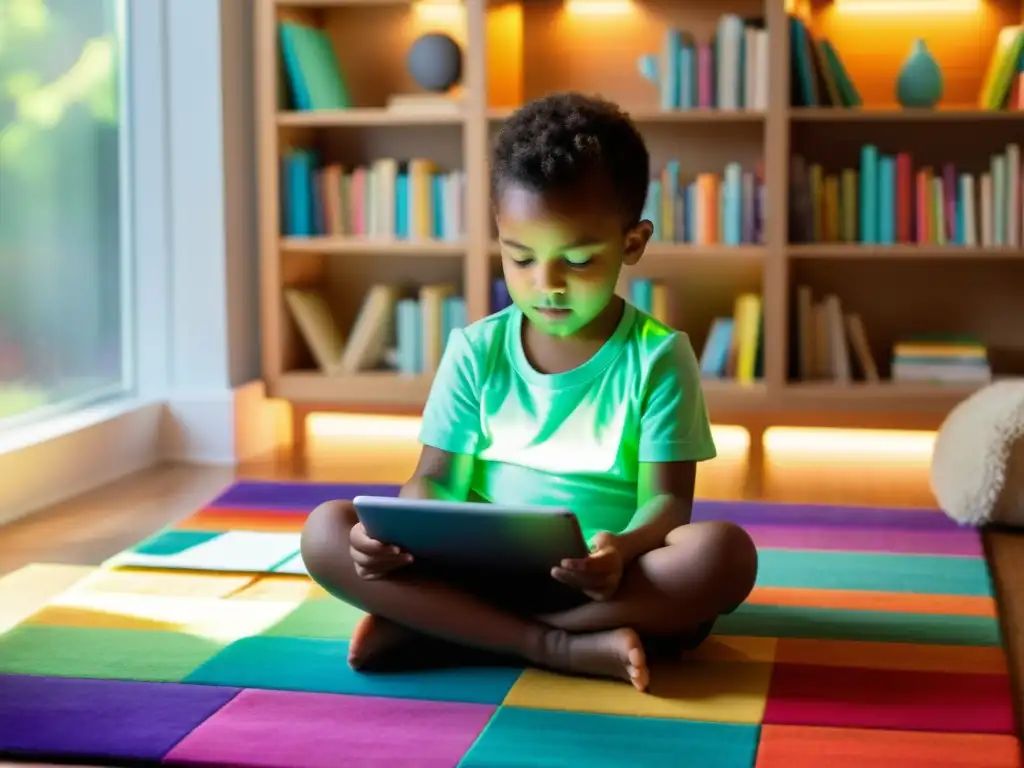 Niño leyendo un libro digital con luz natural, rodeado de libros físicos y digitales