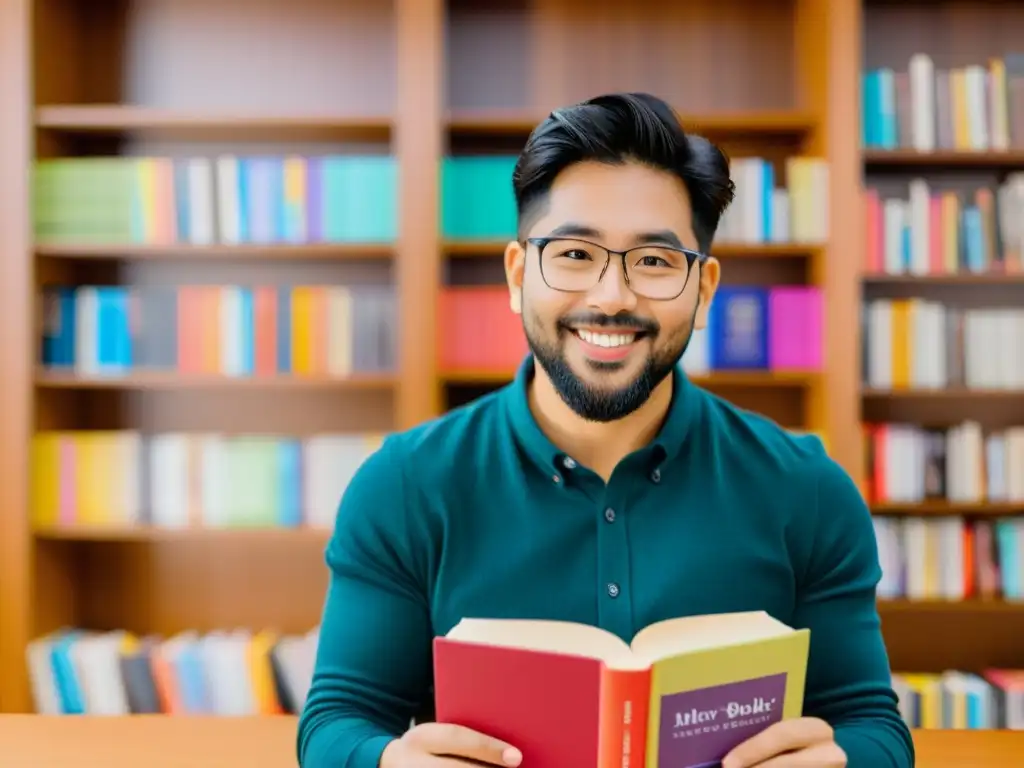 Booktuber promocionando libro con entusiasmo frente a estantería colorida