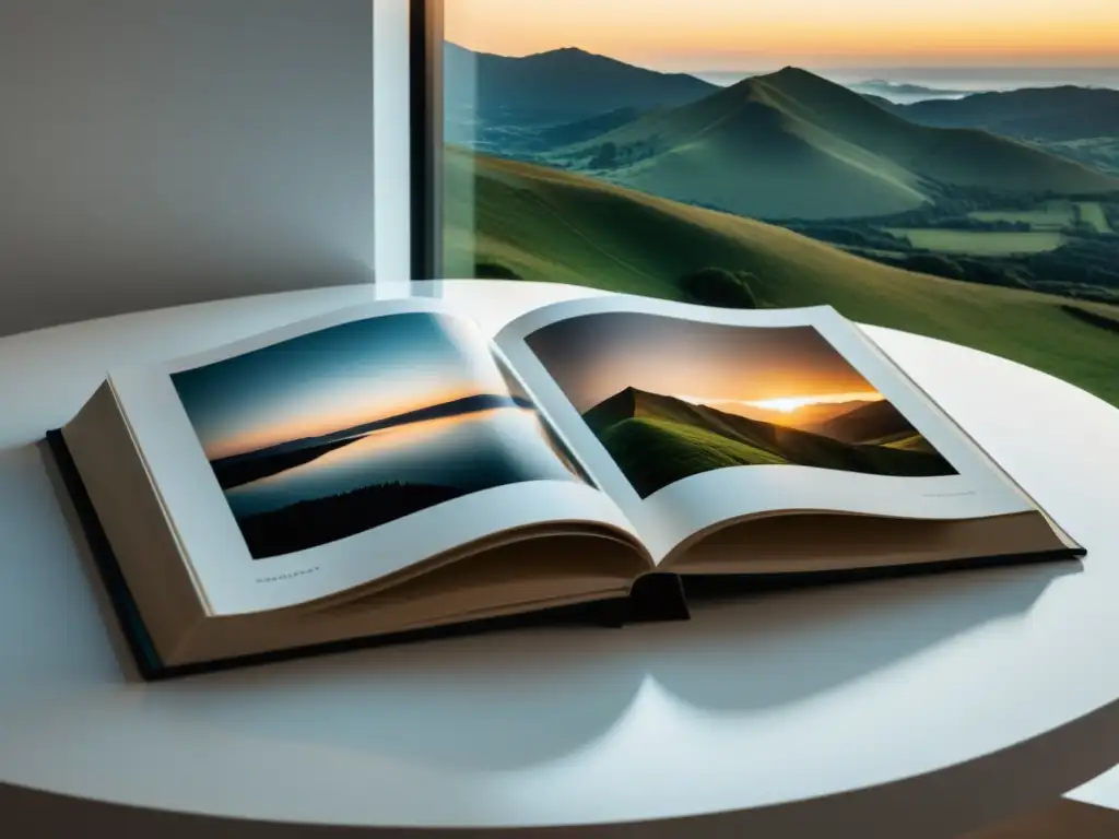 Un libro fotográfico moderno y elegante abierto en una doble página con una impresionante fotografía de paisaje