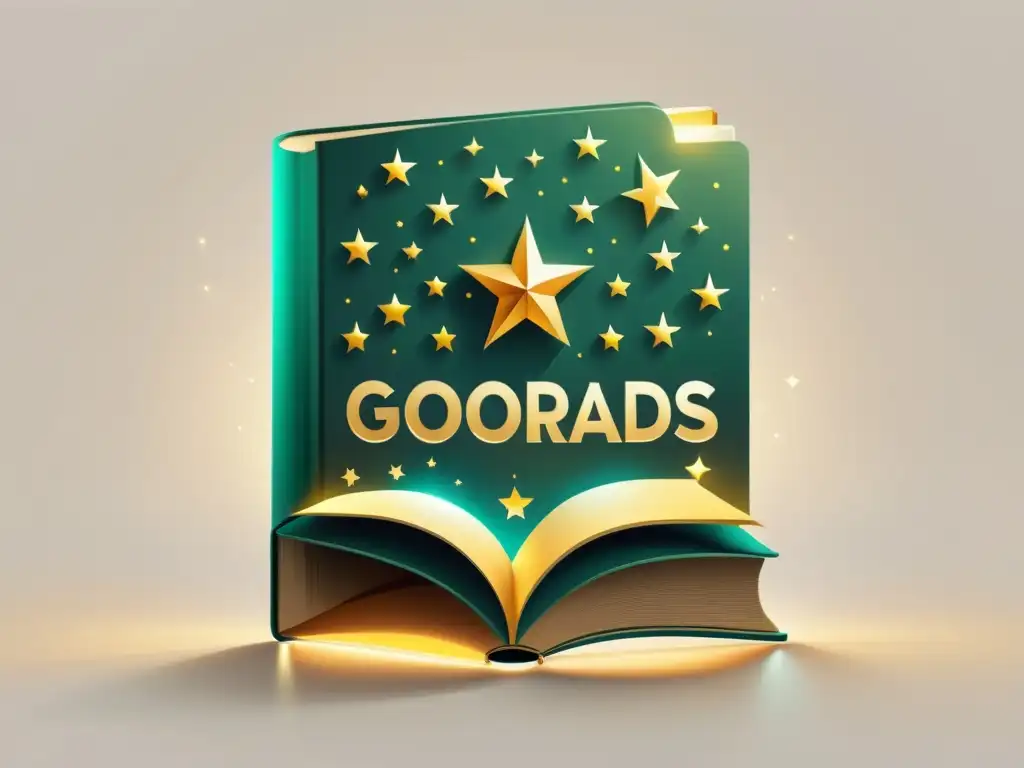 Libro con logo de Goodreads rodeado de estrellas doradas brillantes, simbolizando críticas positivas y altas calificaciones