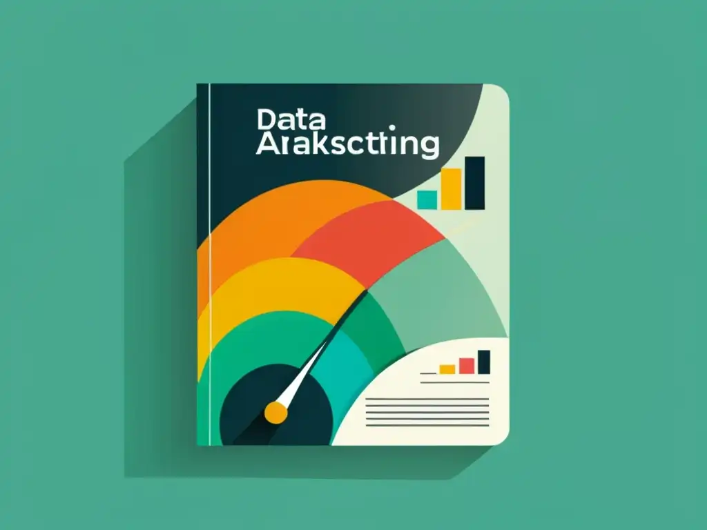 Un libro minimalista con gráficos de datos y análisis, representando la fusión del marketing literario con datos y analytics en una imagen impactante