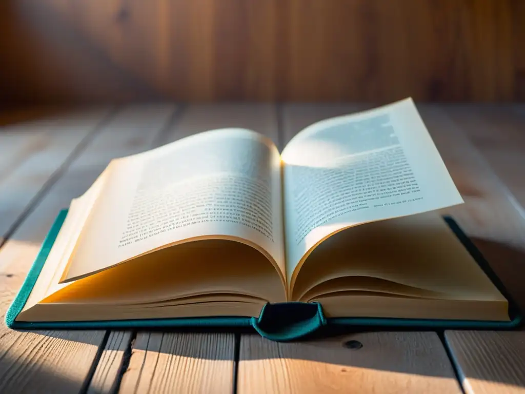 Un libro de poesía descansa serenamente sobre madera pulida, bañado en luz natural, evocando calma y contemplación