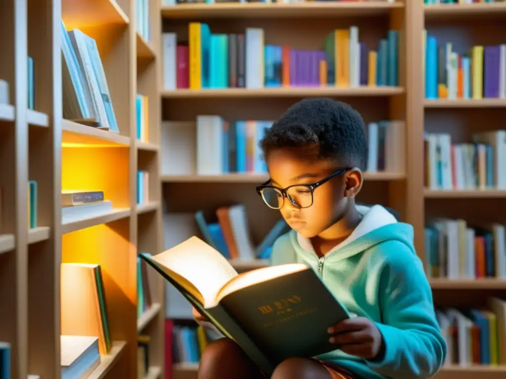 Niño leyendo un libro en un rincón acogedor, rodeado de literatura infantil y juvenil, conectando con audiencias jóvenes literatura