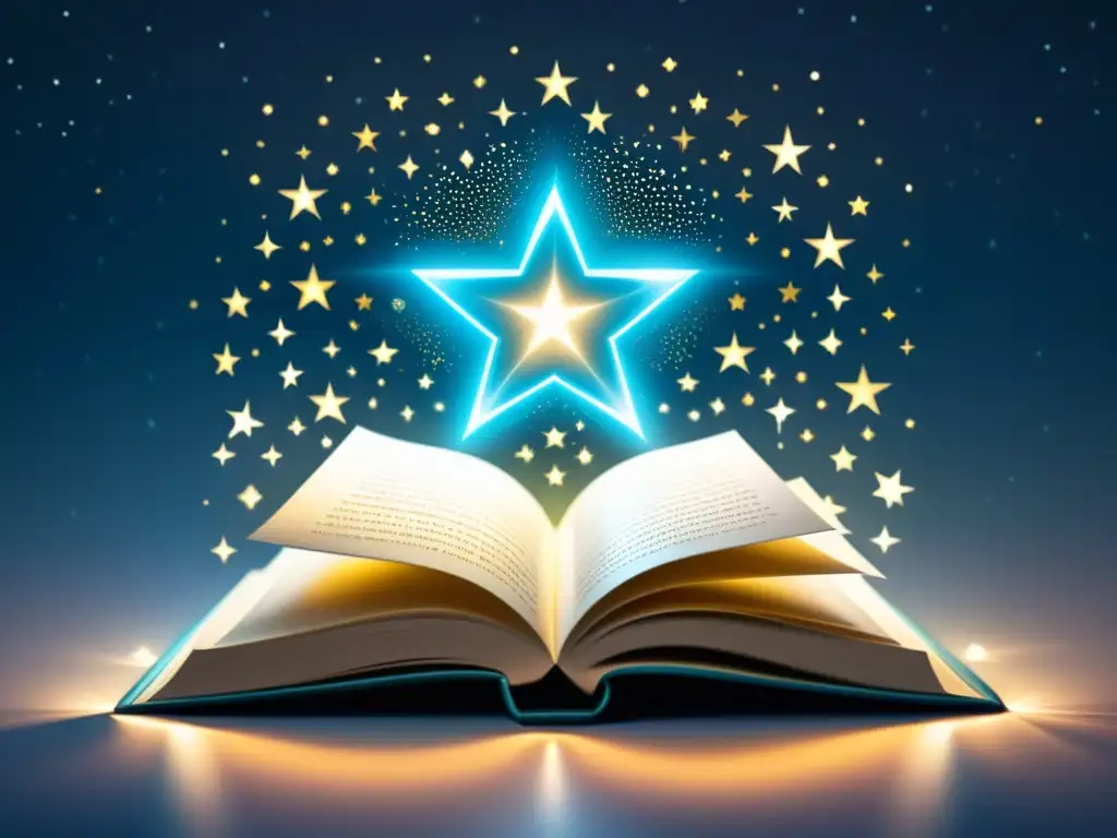 Un libro rodeado de estrellas brillantes, incrementando visibilidad libro reseñas con su encanto mágico y sofisticado