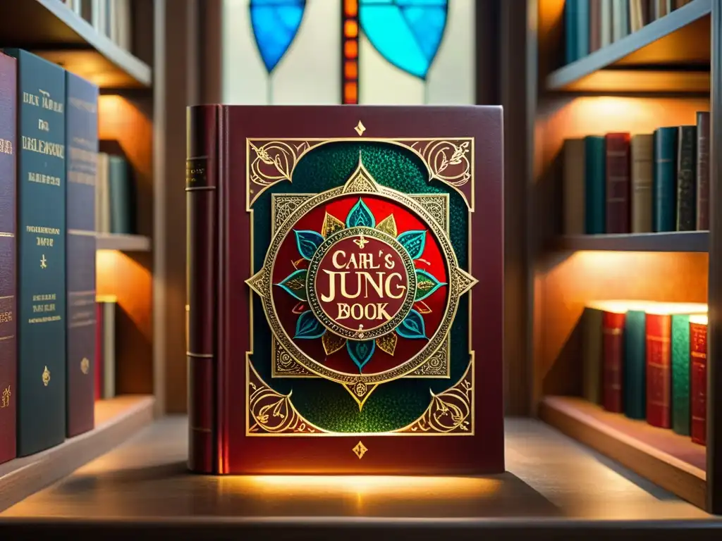 El Libro Rojo de Carl Jung con mandalas coloridos rodeado de libros antiguos en una biblioteca misteriosa