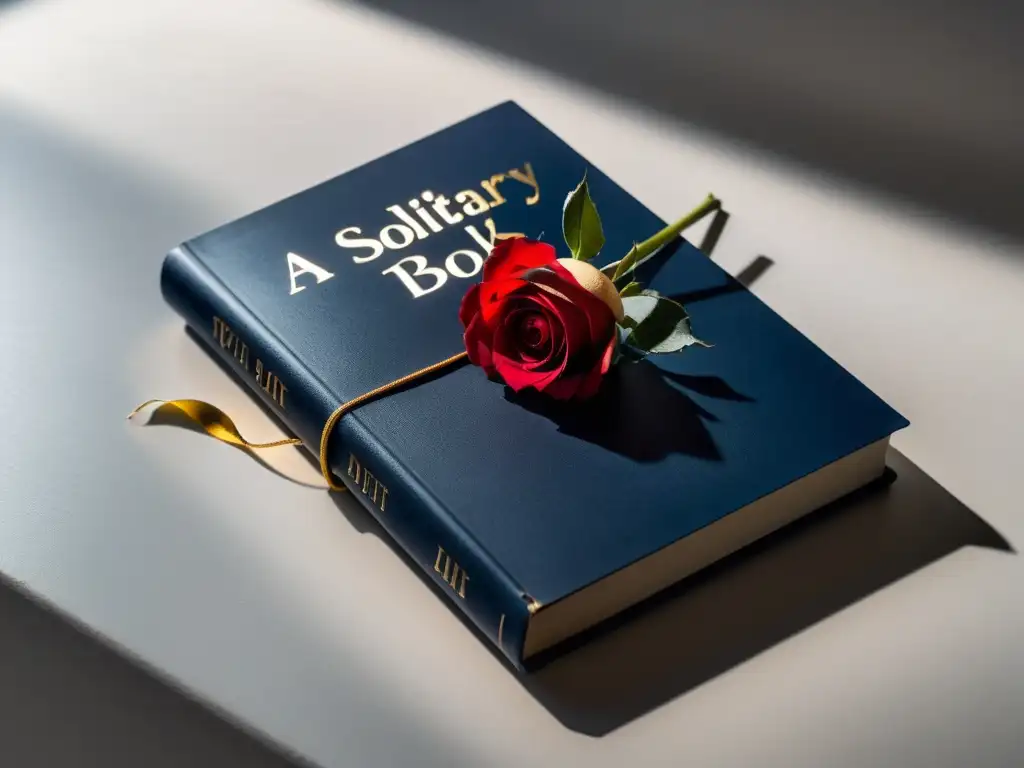 Un libro solitario con una rosa roja sobre una mesa blanca, iluminado por un foco