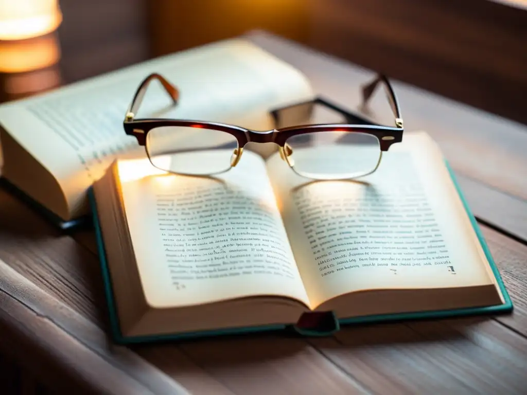 Un libro vintage abierto en un escritorio de madera, con proverbios y refranes escritos a mano, gafas de lectura y luz cálida