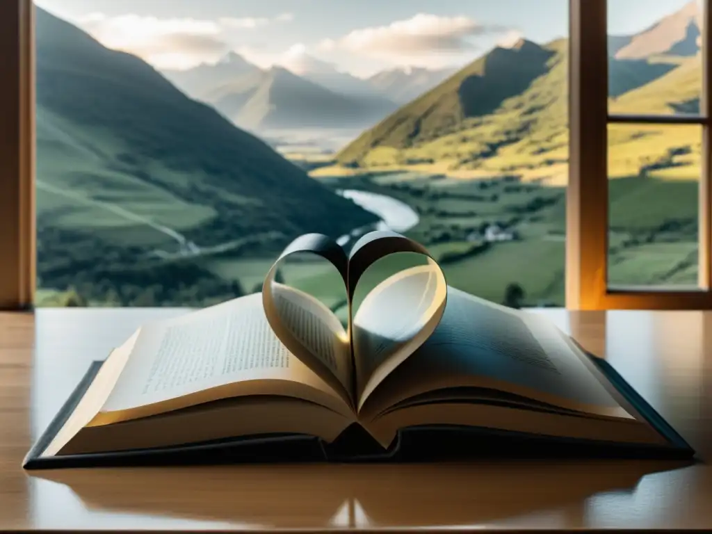 Dos libros abiertos en forma de corazón, con una ventana panorámica que muestra un paisaje montañoso