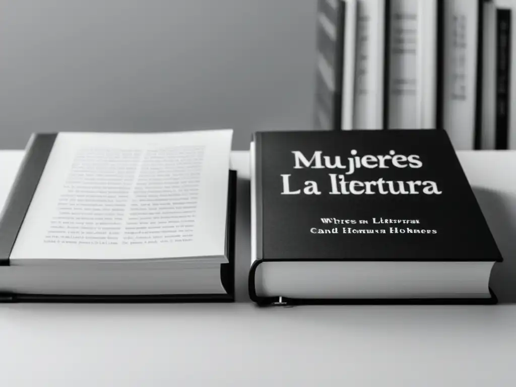 Dos libros abiertos, 'Mujeres en la literatura' y 'Hombres en la literatura', sobre fondo blanco iluminado