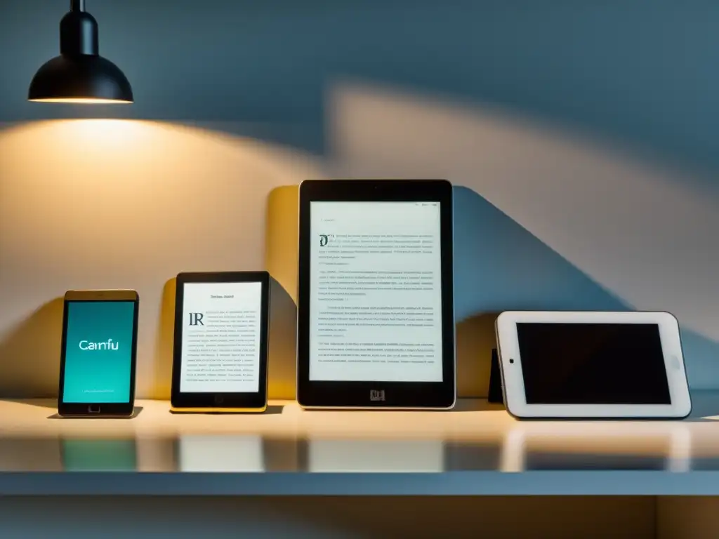 Sincronización de libros en dispositivos: Smartphone, tablet y ereader con la misma portada, sobre un escritorio limpio y minimalista