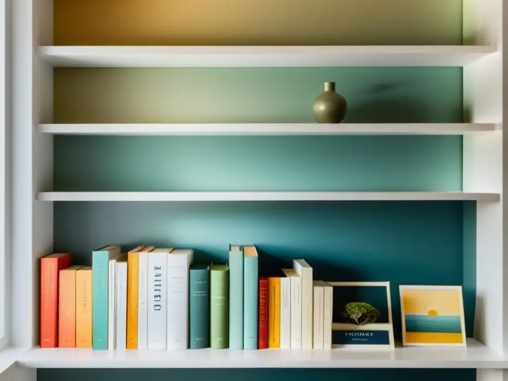 Libros ordenados por color en una estantería minimalista, bañados por luz natural