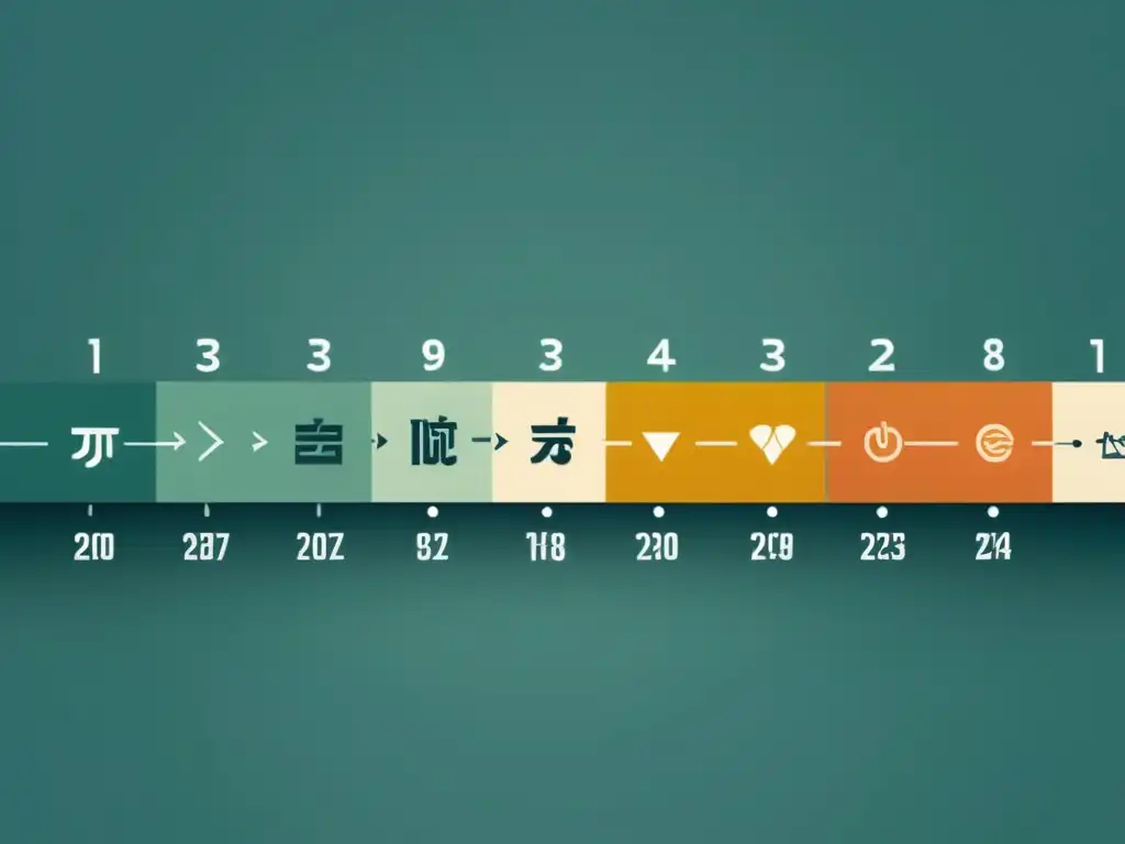 Una línea del tiempo minimalista muestra la evolución del lenguaje con símbolos antiguos y escrituras modernas en un fondo sereno
