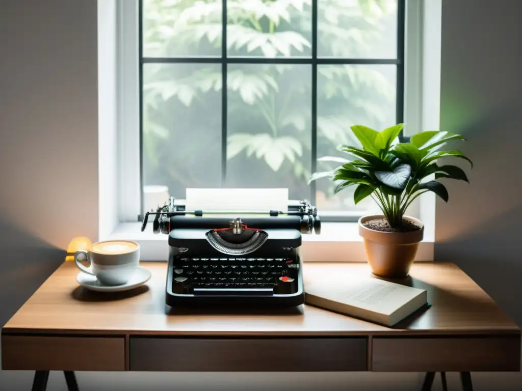 Un rincón literario elegante con escritorio, máquina de escribir, libros clásicos y café