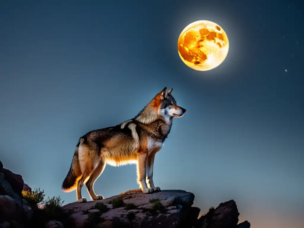 Un lobo solitario en un acantilado, iluminado por la luna llena en el cielo nocturno