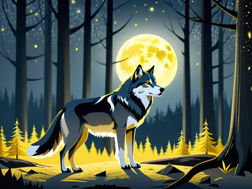 Un lobo solitario destaca en un bosque iluminado por la luna, con su pelaje negro resaltado por el brillo plateado