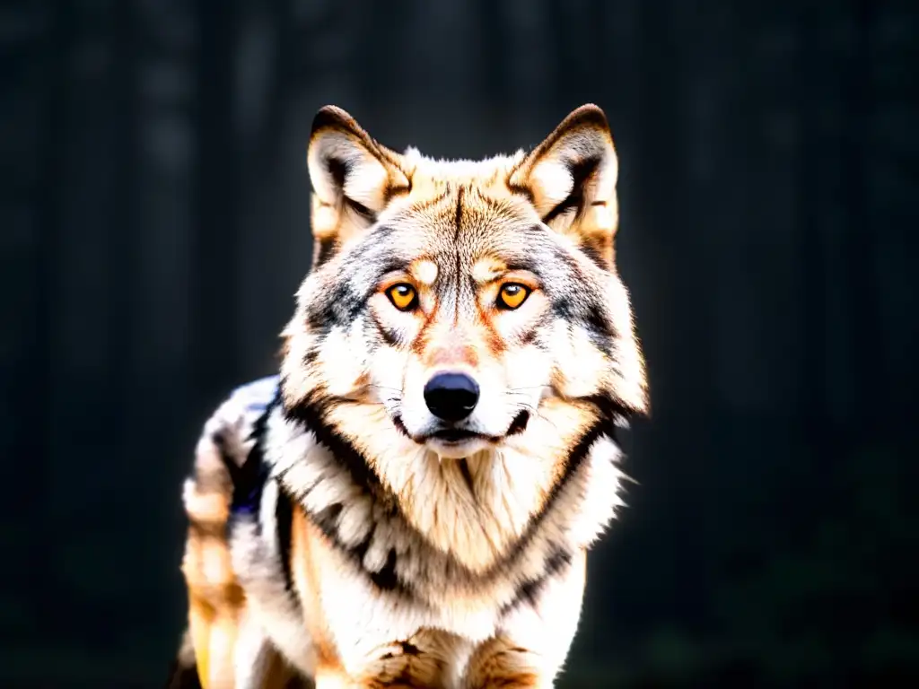 Un lobo solitario en la oscuridad, reflejando el tema de 'Loba negra' con su mirada intensa y pelaje negro