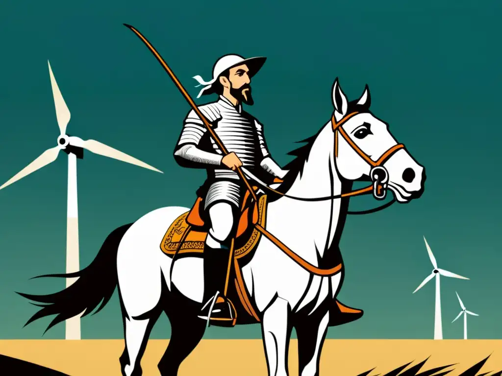 Don Quijote cabalga con locura ingeniosa, sus ojos reflejan su aventura