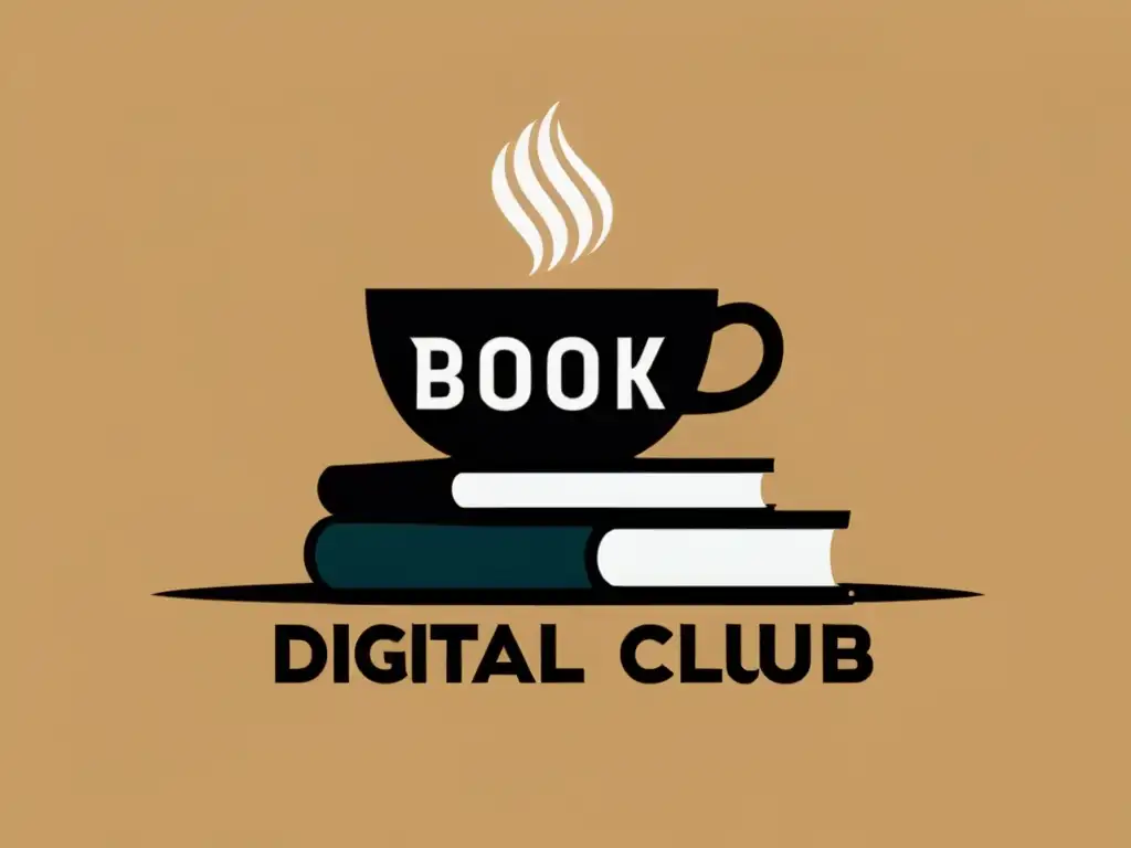 Logo de club de lectura digital con libros, tableta y café, invitando a unirse a aplicaciones para clubes de lectura