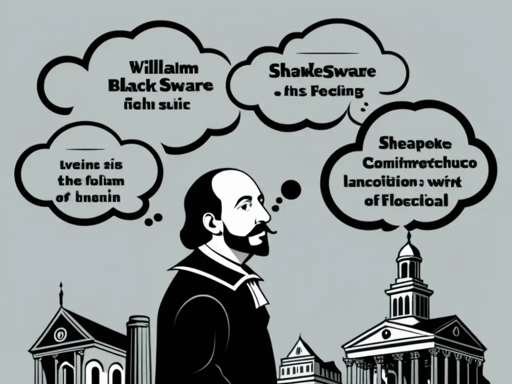 William Shakespeare, maestro de técnicas retóricas, en un dibujo minimalista en blanco y negro, rodeado de elementos clásicos y burbujas de discurso