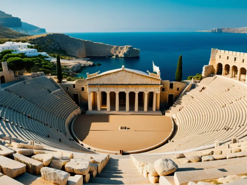 Una majestuosa imagen en 8k de un antiguo teatro griego listo para una actuación de 'Pericles, Príncipe de Tiro'